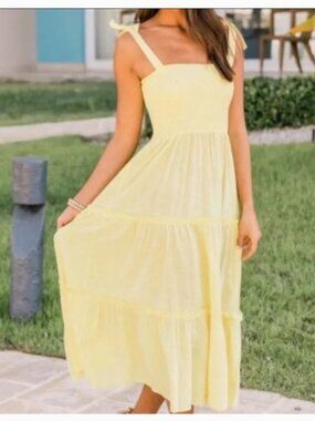 💛For The Republic Lemon Yellow Smocked Tiered Maxi Dress- Size Small💛
